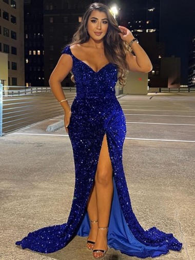 Purchase Sweep Train Sleeveless V-Neck Sheath Velvet Sequin Evening Dresses Canada