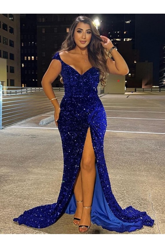 Purchase Sweep Train Sleeveless V-Neck Sheath Velvet Sequin Evening Dresses Canada