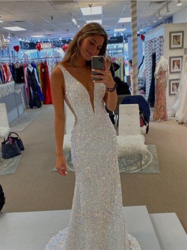 Purchase Sweep Train Sleeveless V-Neck Sheath Velvet Sequin Semi Formal Evening Dresses Canada