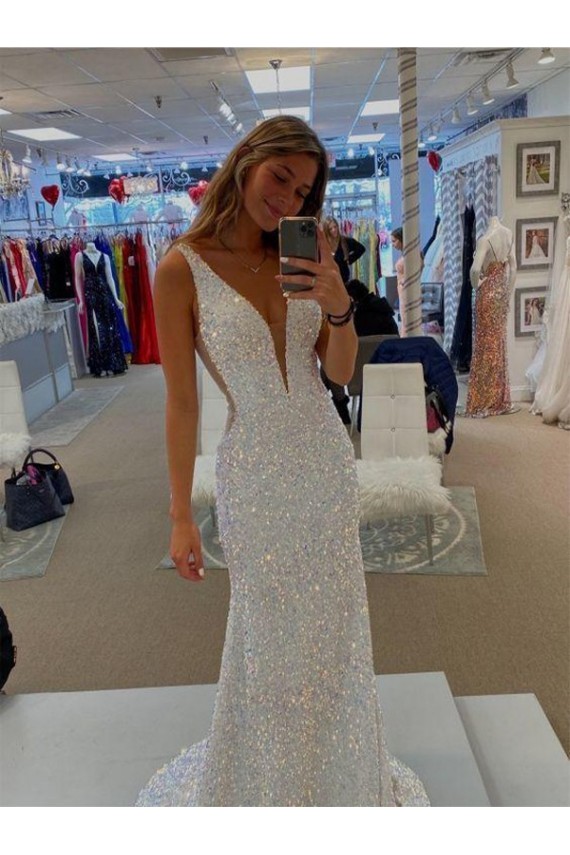 Purchase Sweep Train Sleeveless V-Neck Sheath Velvet Sequin Semi Formal Evening Dresses Canada