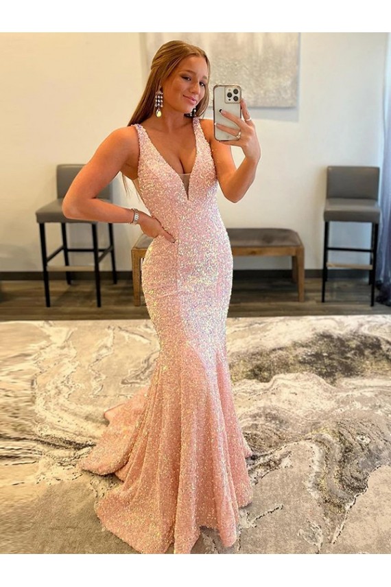 Purchase Sweep Train Sleeveless V-Neck Velvet Sequin Evening Dress Canada