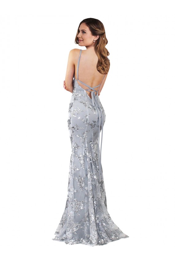Purchase Long Sleeveless V-Neck Mermaid Stretch Crepe & Sequin Tulle Silver Evening Dress Canada
