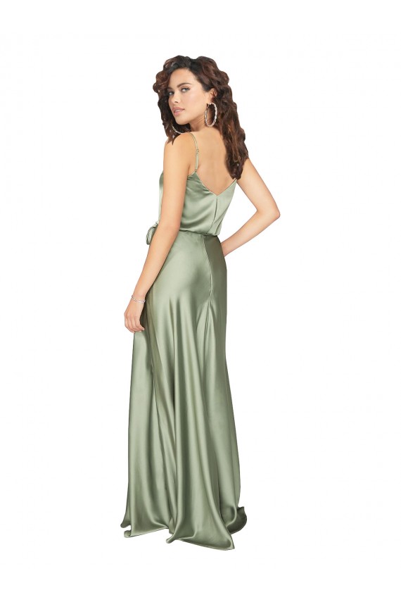 Purchase Long Sleeveless V-Neck A-Line Silky Satin Smoke Green Evening Dress Canada