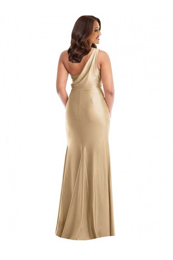 Purchase Long Sleeveless One Shoulder Mermaid Silky Satin Soft Gold Plus Size Evening Dress Canada