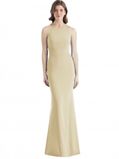Purchase Long Sleeveless Bateau Neck Trumpet Stretch Crepe Champagne Semi Formal Evening Dress Canada