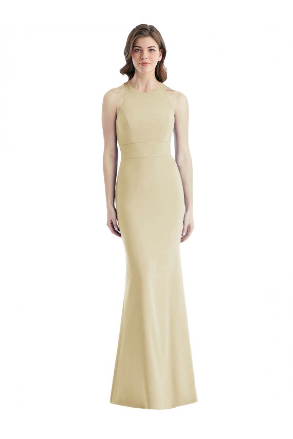 Purchase Long Sleeveless Bateau Neck Trumpet Stretch Crepe Champagne Semi Formal Evening Dress Canada