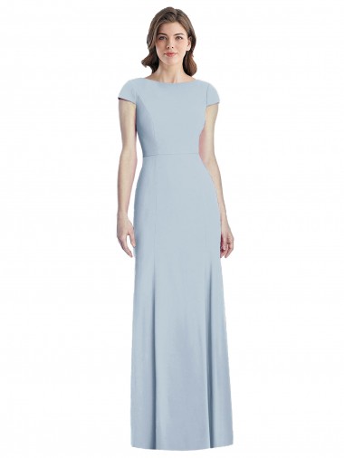 Purchase Long Cap Sleeves Bateau Neck Trumpet Stretch Crepe Light Sky Blue Semi Formal Evening Dress Canada