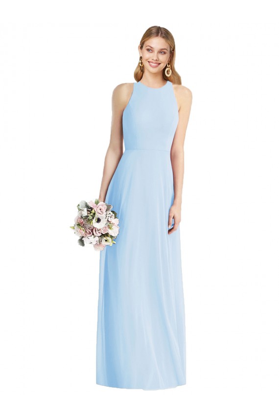 Purchase Long Sleeveless Halter Neck Trumpet Light Sky Blue Soft Chiffon Maxi Evening Dress Canada