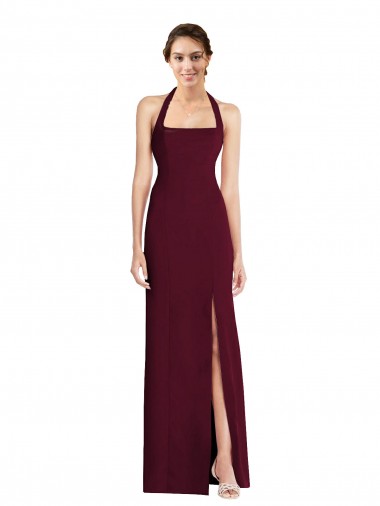 Purchase Long Sleeveless Halter Neck Trumpet Stretch Crepe Burgundy Gold Semi Formal Evening Dress Canada