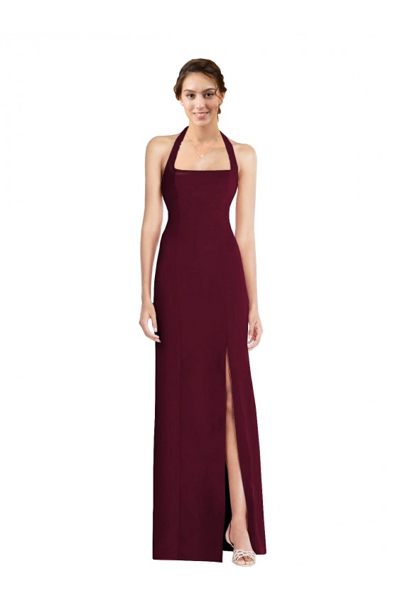 Purchase Long Sleeveless Halter Neck Trumpet Stretch Crepe Burgundy Gold Semi Formal Evening Dress Canada