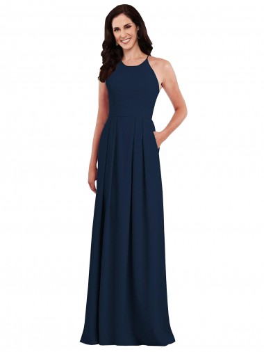 Purchase Long Sleeveless Halter Neck Trumpet Stretch Crepe Dark Navy Semi Formal Evening Dress Canada