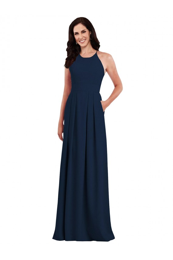 Purchase Long Sleeveless Halter Neck Trumpet Stretch Crepe Dark Navy Semi Formal Evening Dress Canada
