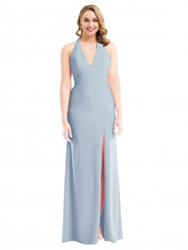 Purchase Long Sleeveless Halter Neck Trumpet Stretch Crepe Light Sky Blue Semi Formal Evening Dress Canada