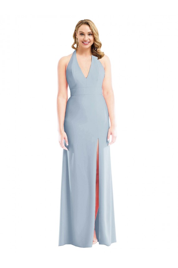 Purchase Long Sleeveless Halter Neck Trumpet Stretch Crepe Light Sky Blue Semi Formal Evening Dress Canada