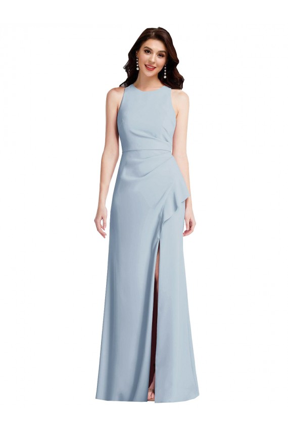 Purchase Long Sleeveless Halter Neck Trumpet Stretch Crepe Light Sky Blue Maxi Evening Dress Canada