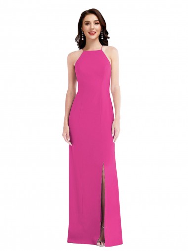 Purchase Long Sleeveless Halter Neck Trumpet Stretch Crepe Fuchsia Maxi Evening Dress Canada