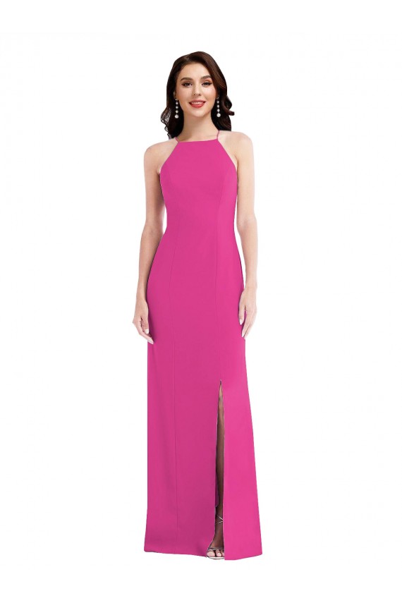 Purchase Long Sleeveless Halter Neck Trumpet Stretch Crepe Fuchsia Maxi Evening Dress Canada