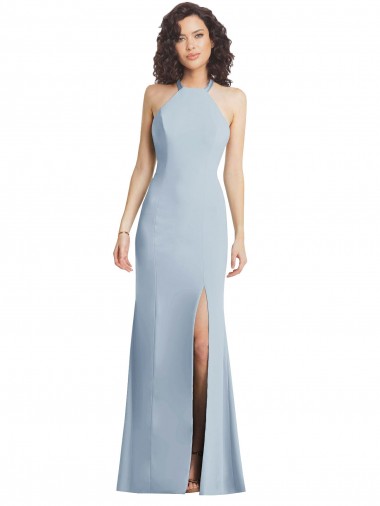 Purchase Long Sleeveless Halter Neck Trumpet Stretch Crepe Light Sky Blue Maxi Evening Gown Canada