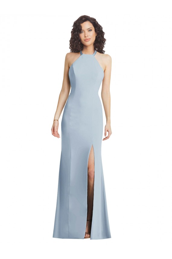 Purchase Long Sleeveless Halter Neck Trumpet Stretch Crepe Light Sky Blue Maxi Evening Gown Canada
