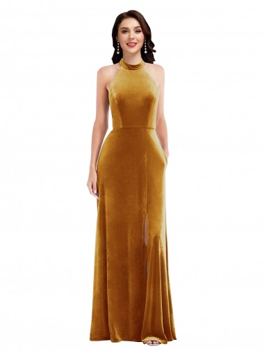 Purchase Long Sleeveless Halter Neck Trumpet Stretch Velvet Maxi Evening Dress Canada
