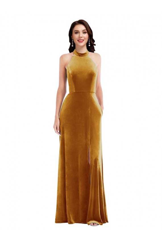 Purchase Long Sleeveless Halter Neck Trumpet Stretch Velvet Maxi Evening Dress Canada