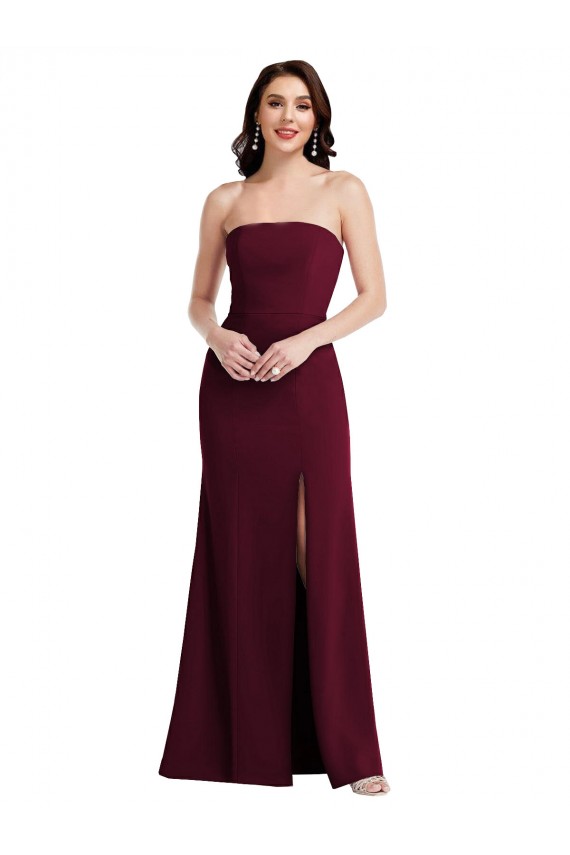 Purchase Long Sleeveless Strapless Trumpet Stretch Crepe Burgundy Gold Semi Formal Evening Dress Canada
