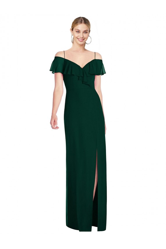 Purchase Long Cold Shoulder Spaghetti Straps Trumpet Ever Green Soft Chiffon Maxi Evening Dress Canada
