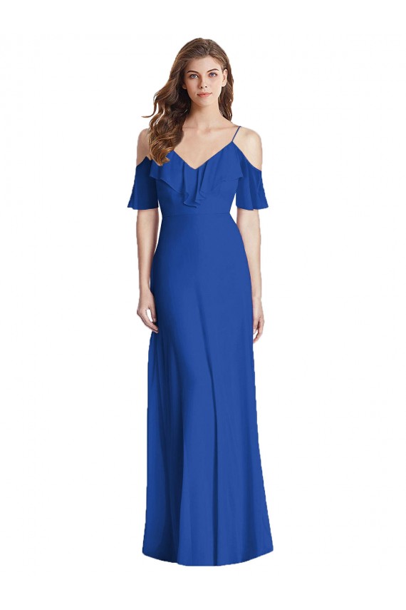 Purchase Long Cold Shoulder Spaghetti Straps Trumpet Soft Chiffon V-Back Maxi Evening Dress Canada