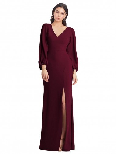 Purchase Long Puff Sleeves V-Neck Trumpet Stretch Crepe Semi Formal Evening Dress Canada