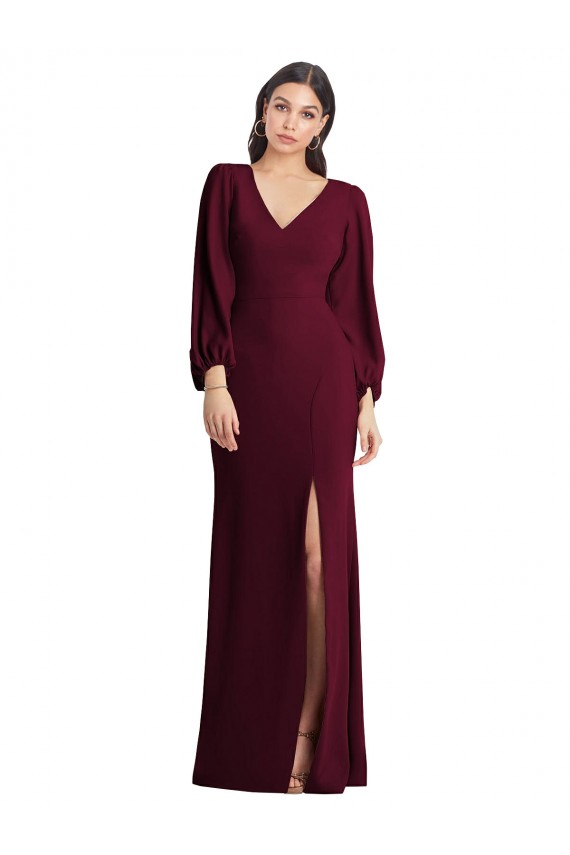 Purchase Long Puff Sleeves V-Neck Trumpet Stretch Crepe Semi Formal Evening Dress Canada