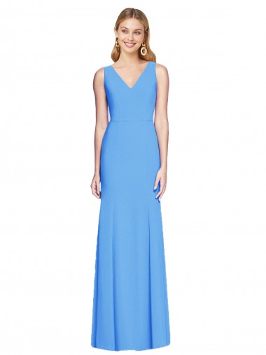 Purchase Long Sleeveless V-Neck Trumpet Stretch Crepe Peacock Blue Semi Formal Evening Dress Canada