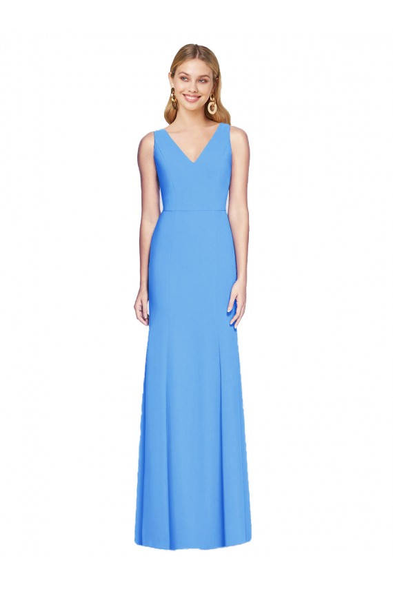 Purchase Long Sleeveless V-Neck Trumpet Stretch Crepe Peacock Blue Semi Formal Evening Dress Canada